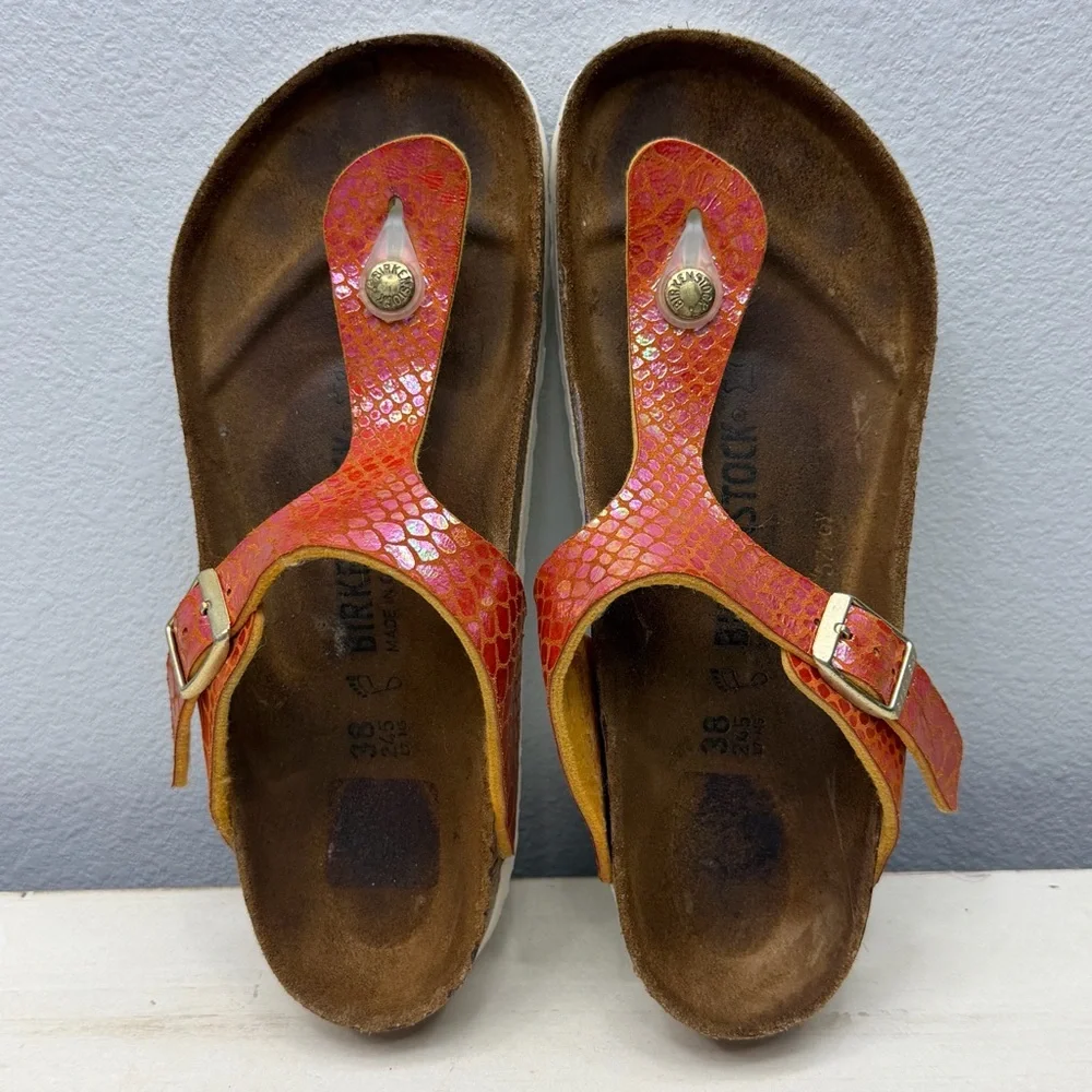 Birkenstock Orange Snake Leather Gizeh Sandals Size 38